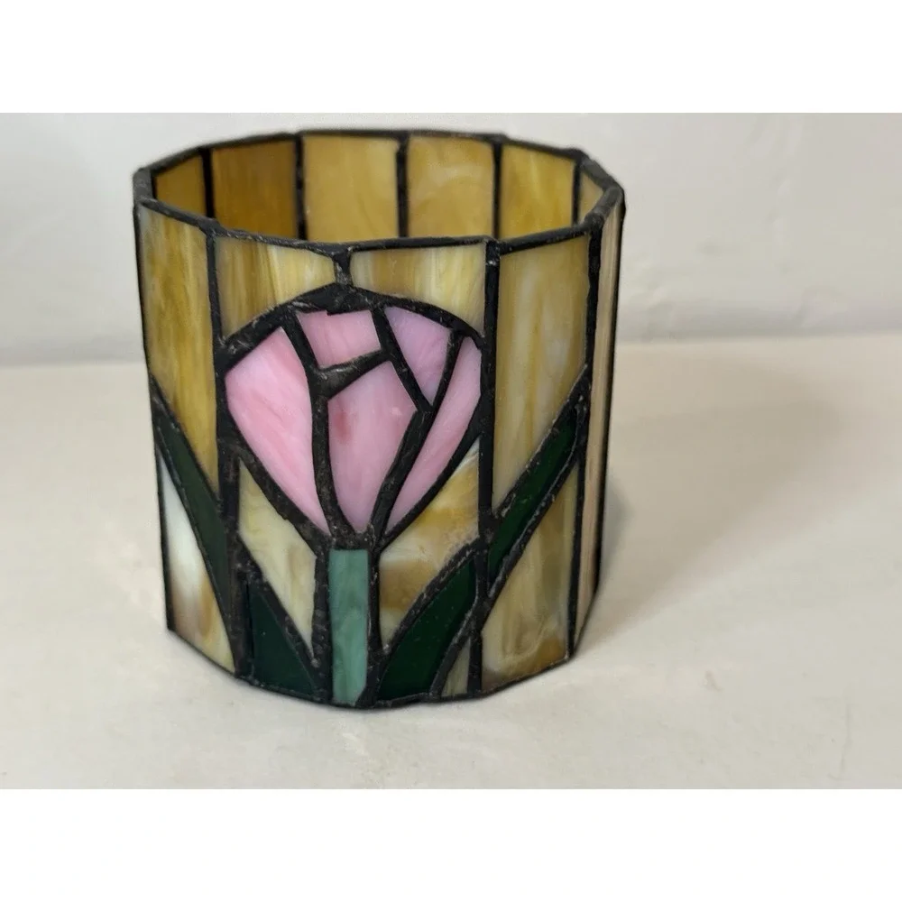 Vintage Stained Glass Tulip Candle Holder Votive Vase Art Nouveau Slag Glass